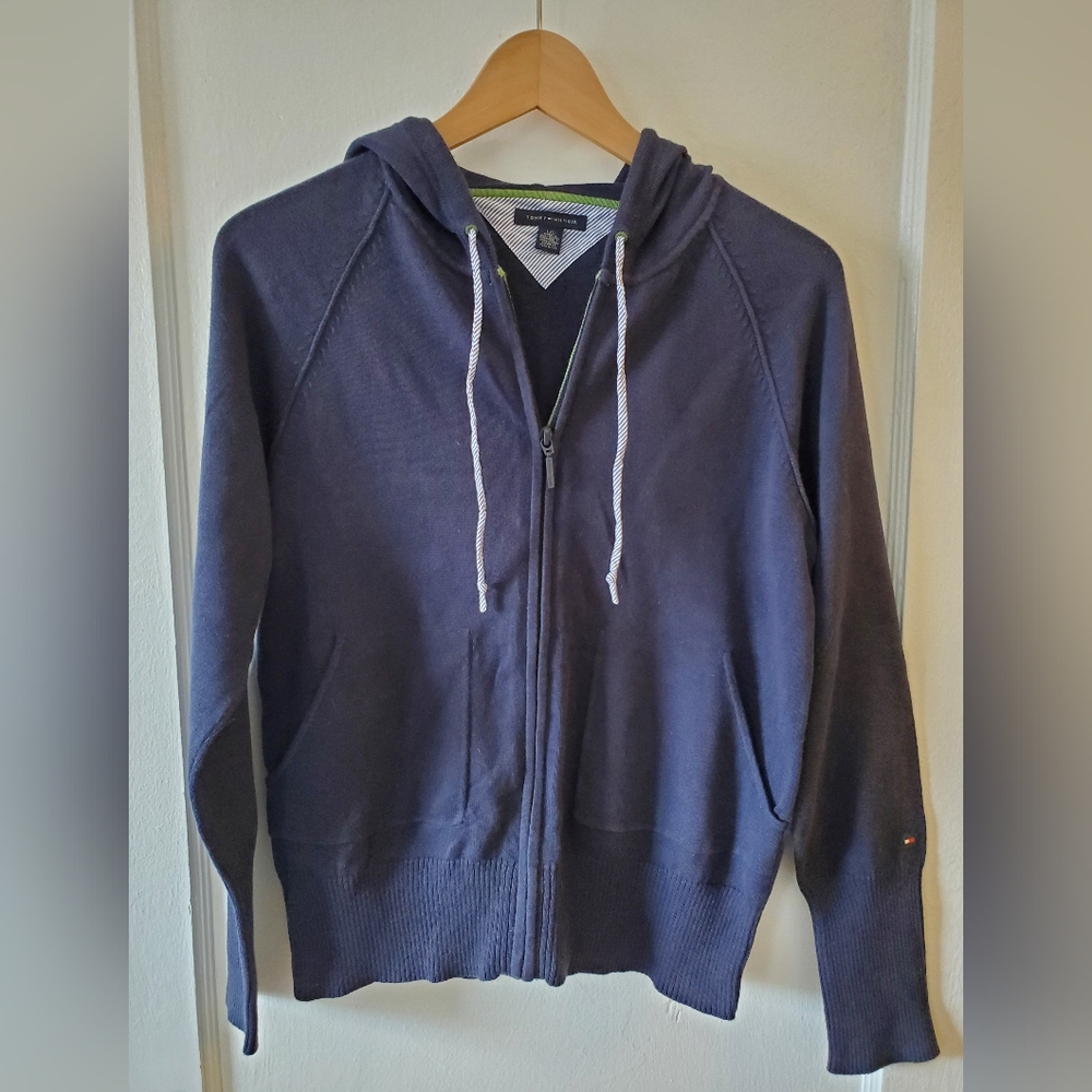 Tommy Hilfiger Navy Blue Hooded Zip Up Knit Cardigan Sweater Women's Size L